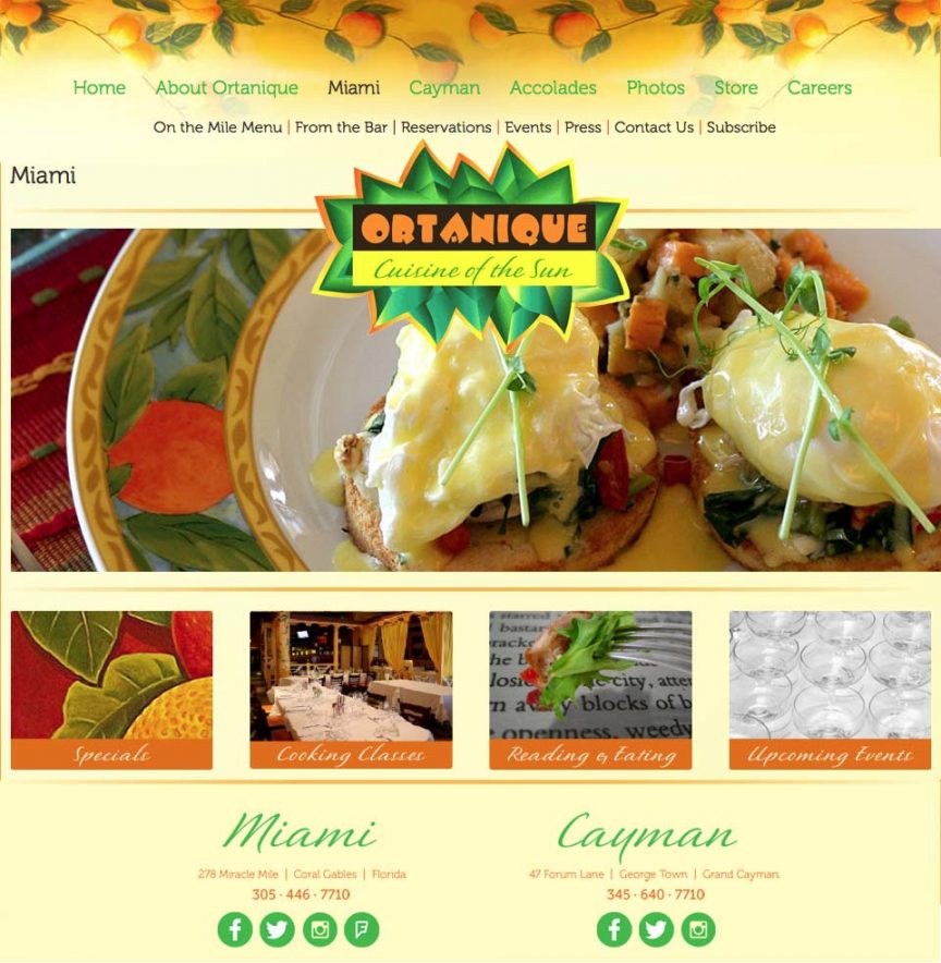 Restaurant website design for Ortanique, Cuisine of the Sun. Miami page.